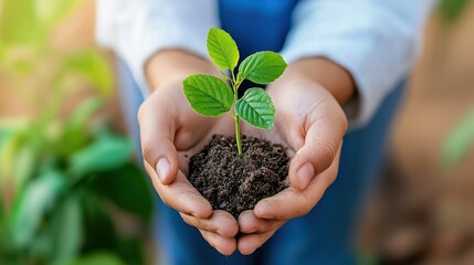 A person holds a small green plant in soil, symbolizing growth, care, and environmental protection.