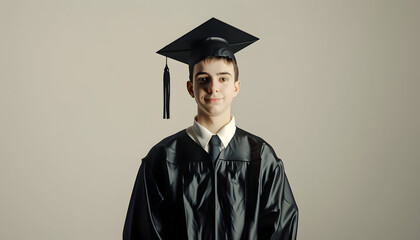 Wall Mural - A young man in a graduation gown and cap, looking proud and happy.