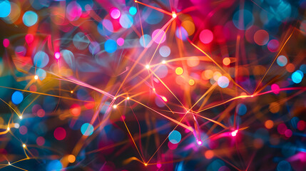 A colorful, abstract image of a web of lines and dots. The image is vibrant and dynamic, with a sense of movement and energy. The colors are bright and bold, creating a sense of excitement and wonder
