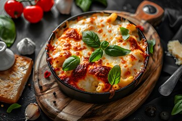 Delicious baked macaroni and cheese topped with fresh basil on a wooden board.