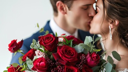 beauty elegant couple kissing with wedding dress