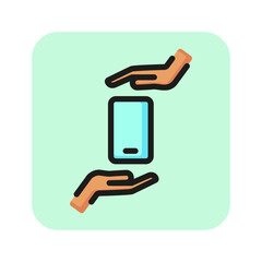 Poster - Hands and device line icon. Technology, modern life, smartphones. Mobile concept. Vector illustration can be used for topics like internet, progress, mobile, modern lifestyle