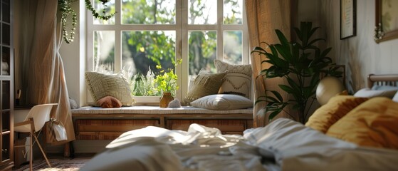 Bedroom with a cozy window seat 