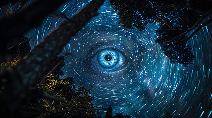 Wall Mural - A starry night sky with a large eye in the center. The eye is surrounded by a galaxy and stars