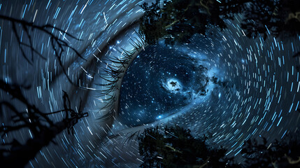 Wall Mural - A starry night sky with a large eye in the center. The eye is surrounded by a galaxy and stars