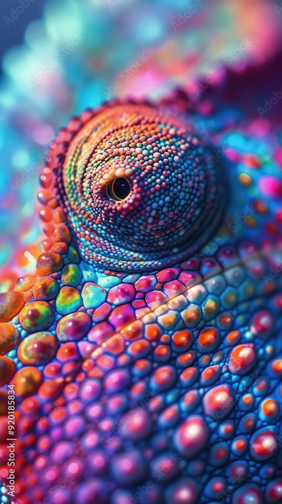 A chameleon's eye is prominently featured, showcasing brilliant colors and intricate textures under daylight