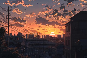 A city at twilight with a sunset painting the sky in warm tones and a tranquil atmosphere cozy vibe, Generative AI