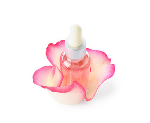 Wall Mural - Bottle of cosmetic oil with rose extract and petals on white background