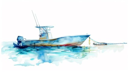 Fishing boat towing a tube for water sports,Clipart, watercolor illustration, Perfect for nursery art The style is hand  drawn, white background