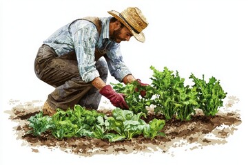 A farmer carefully tending to leafy greens in a garden, showcasing dedication and hard work in sustainable agriculture.