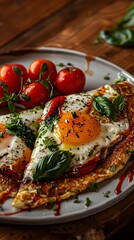 Wall Mural - Delicious omelette topped with eggs, herbs, and fresh tomatoes on a rustic wooden table.