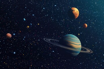 Wall Mural - A stunning cosmic view featuring Saturn with its rings and multiple planets in a starry universe backdrop.