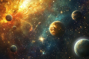 Wall Mural - A stunning galactic scene featuring colorful nebulae, vibrant stars, and various planets, illustrating the beauty of outer space.