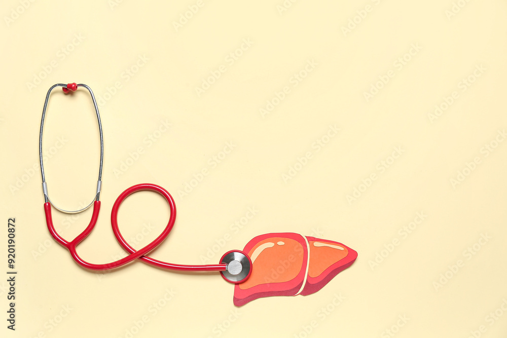Red paper liver with stethoscope on orange background