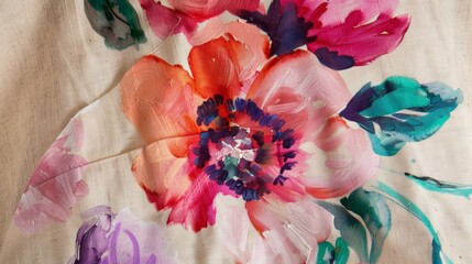 A detailed shot of a handpainted floral design adorning the pocket of a canvas apron with vibrant pinks purples and greens creating a beautiful contrast against the natural beige fabric.