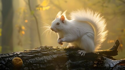 Early morning mist enveloping a white squirrel perched on a fallen log, its delicate features highlighted by the soft dawn light.