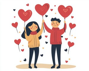 Happy couple holding heart-shaped balloons, celebrating love and affection in a cheerful atmosphere, perfect for romantic occasions.