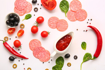 Wall Mural - Fresh ingredients for preparing pizza on white background