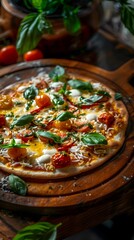 Wall Mural - Delicious vegetarian pizza topped with fresh basil and colorful cherry tomatoes.