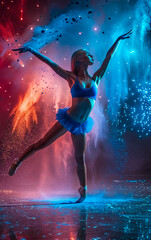 Wall Mural - A vibrant and artistic shot of a young woman dancing in a cloud of colorful chalk sprays, perfect for a music album cover or social media banner design.