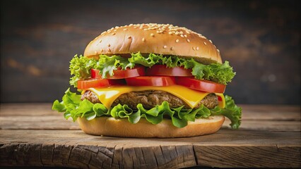 Wall Mural - Mouth-watering cheeseburger with melted cheese, juicy patty, fresh lettuce, and ripe tomatoes, cheeseburger, hamburger