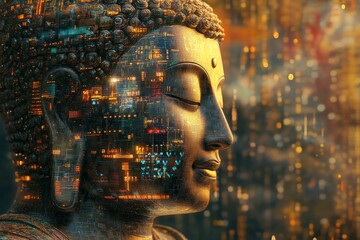 Digital art of a Buddha bust with integrated digital components, exploring the balance between spirituality and technological advancement. High-resolution, detailed textures, crisp focus