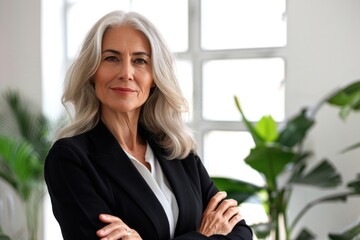 Wall Mural - A professional woman standing confidently with her arms crossed, ready for a meeting or discussion