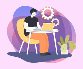 Wall Mural - Businessman working on laptop with gear wheels on background. Freelancer working at home office flat vector illustration. Remote work, freelance concept for banner or landing page