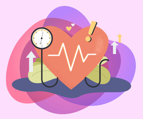 Wall Mural - Control of high blood pressure on medical checkup. Huge heart with pulse rate flat vector illustration. Cardiology, cardiovascular disease concept