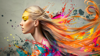 Wall Mural - A captivating portrait of a young woman with flowing hair, her head surrounded by abstract colored flames