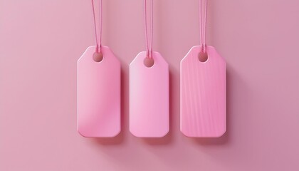 Three pink tags hanging against a soft pink background, perfect for decoration or labeling in various creative projects.