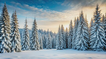 Wall Mural - Snowy fir trees standing tall in a serene winter forest setting, winter, snow, fir trees, cold, nature, wilderness