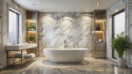 Wall Mural - Modern marble bathroom with elegant freestanding tub , marble, modern, bathroom, tub, luxury, white, interior, design