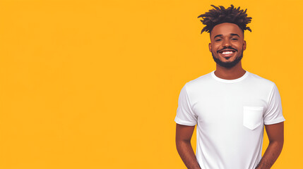 Wall Mural - Happy Young Man in a White T-Shirt Against a Bright Yellow Background, Perfect for Your Next Project!