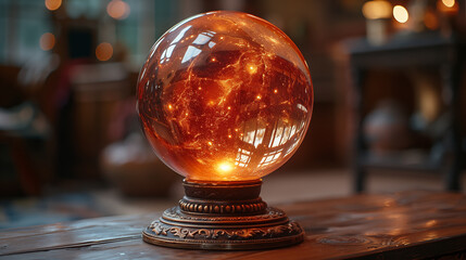 Mystical crystal ball glows with fiery energy, reflecting a warm interior. Concept of fortune-telling, magic, and mystery.