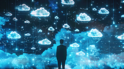 Canvas Print - A man stands in front of the screen, surrounded by glowing clouds and floating icons representing cloud computing technology.