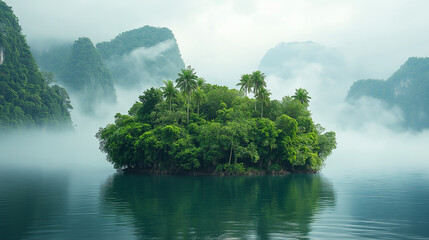 lush tropical island emerging from misty lake surrounded by mountains