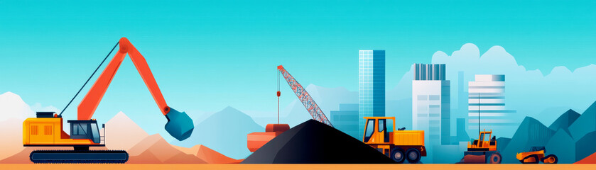 Iron ore mining, heavy industry, flat design illustration