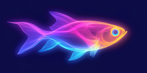 Poster - Neon tropical fish swimming in deep blue water with light trail