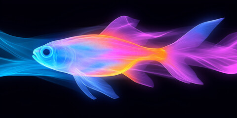 Poster - Colorful neon fish swimming through a digital sea of light