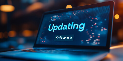 Poster - Laptop updating software with progress bar on screen at night