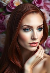 Wall Mural - Radiant Redhead Glamorous Woman with Long Wavy Red Hair