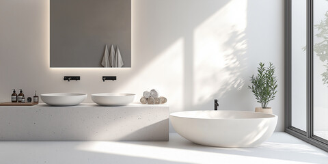 Aufkleber - Sun shining through window of modern bathroom with two sinks and bathtub