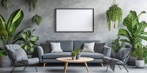 Poster - Modern living room with concrete wall featuring sofa and empty frame for mockup