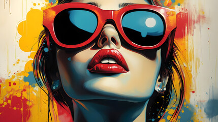 Canvas Print - A vibrant portrait of a woman in oversized sunglasses with bold colors and artistic flair.