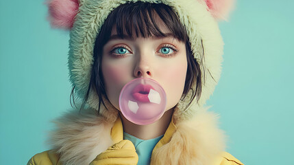 Poster - A young woman wearing a fluffy hat blows a pink bubblegum bubble against a pastel background.