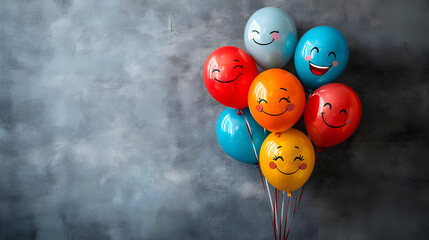 Poster - A colorful arrangement of balloons with smiling faces against a textured background.