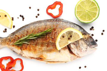 Wall Mural - Tasty grilled dorado fish with lemon on white background