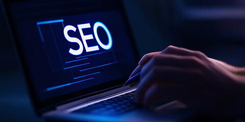 Leinwandbilder - Web developer optimizing website with seo on laptop in the dark