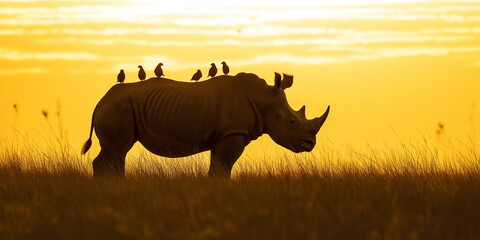 Silhouette of a rhinoceros with birds on its back at sunset